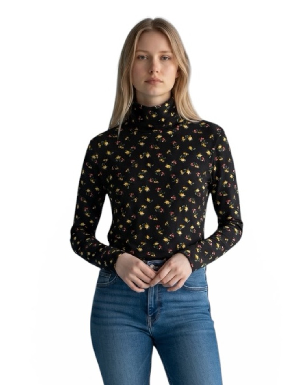 Current Women's Soft Turtleneck Shirt Sweater Black Floral Large